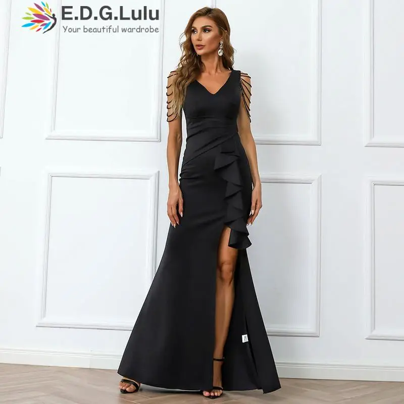 

EDGLuLu Elegant Sexy V Neck Beading Hollow Out Short Sleeve Birthday Dress For Women For Women Party Long Evening Dress 1102