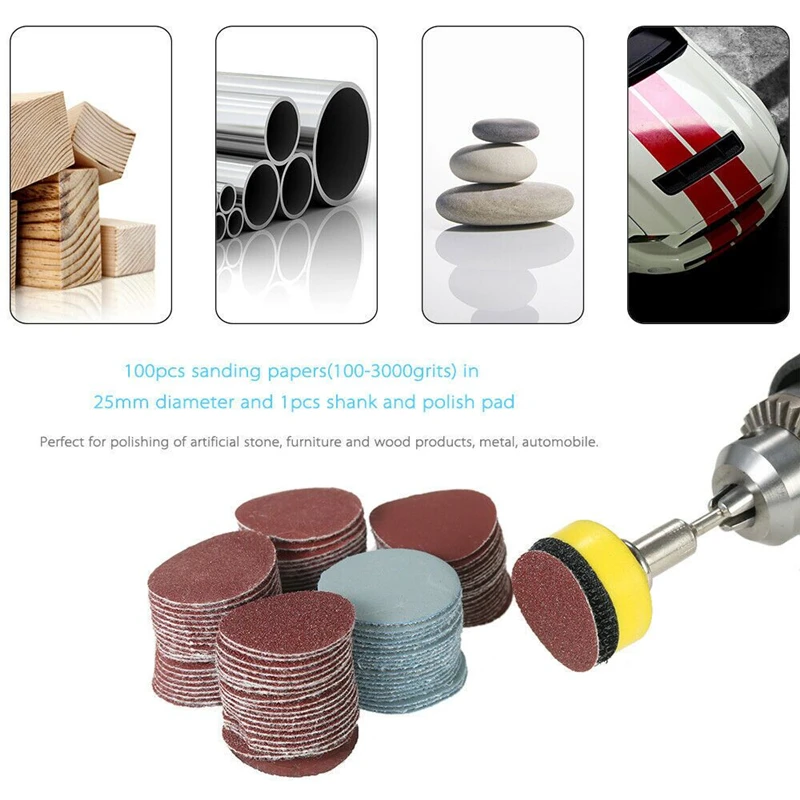 

Шлифовальный диск, 100 шт., 25 мм, 1 дюйм, шлифовальный диск, бумага зернистости 100-3000 с абразивной полировочной пластиной 1 дюйм + хвостовик 1/8 дюй...