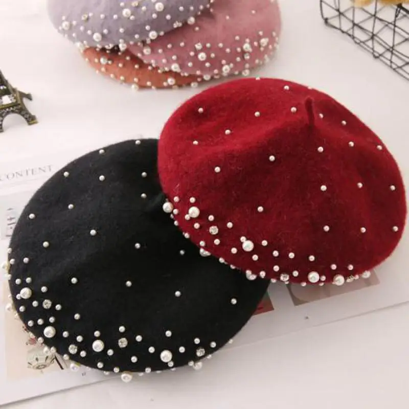 

COKK Winter Wool Beret With Rhinestone Pearls Beads Female Wool Cap Winter Autumn Spring Hat Solid Color Top Quality Women Boina