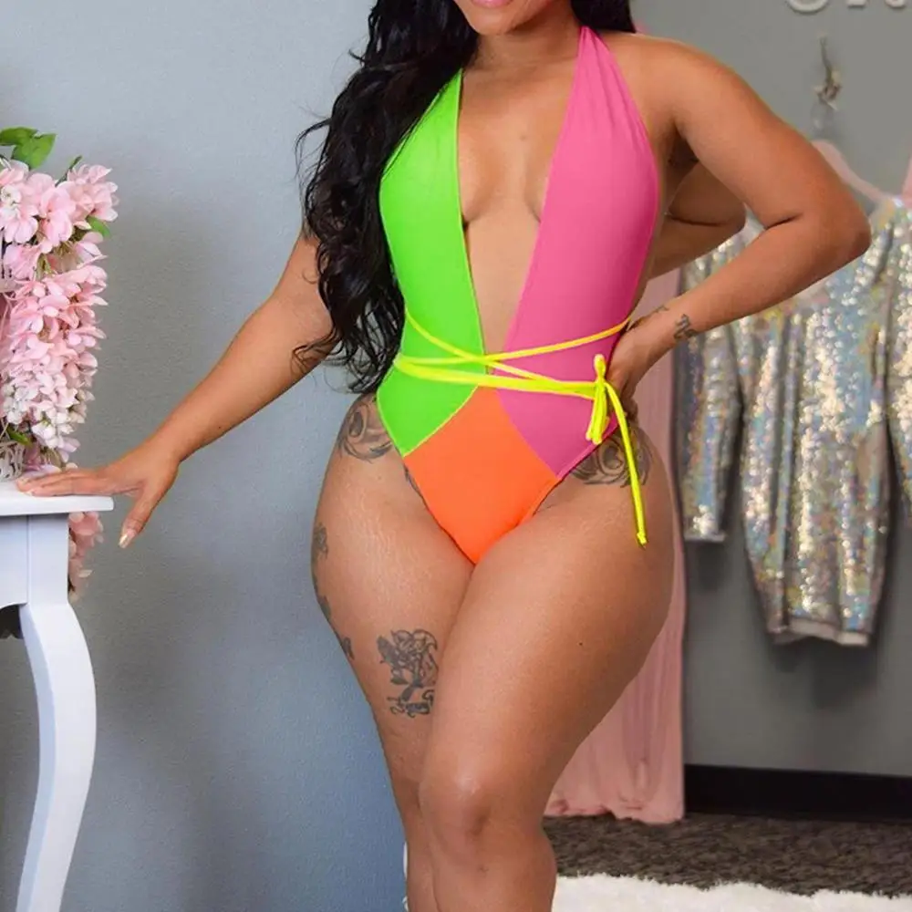 2019 сексуальные женские боди Модный Цветной топ с принтом открытая спина бандаж