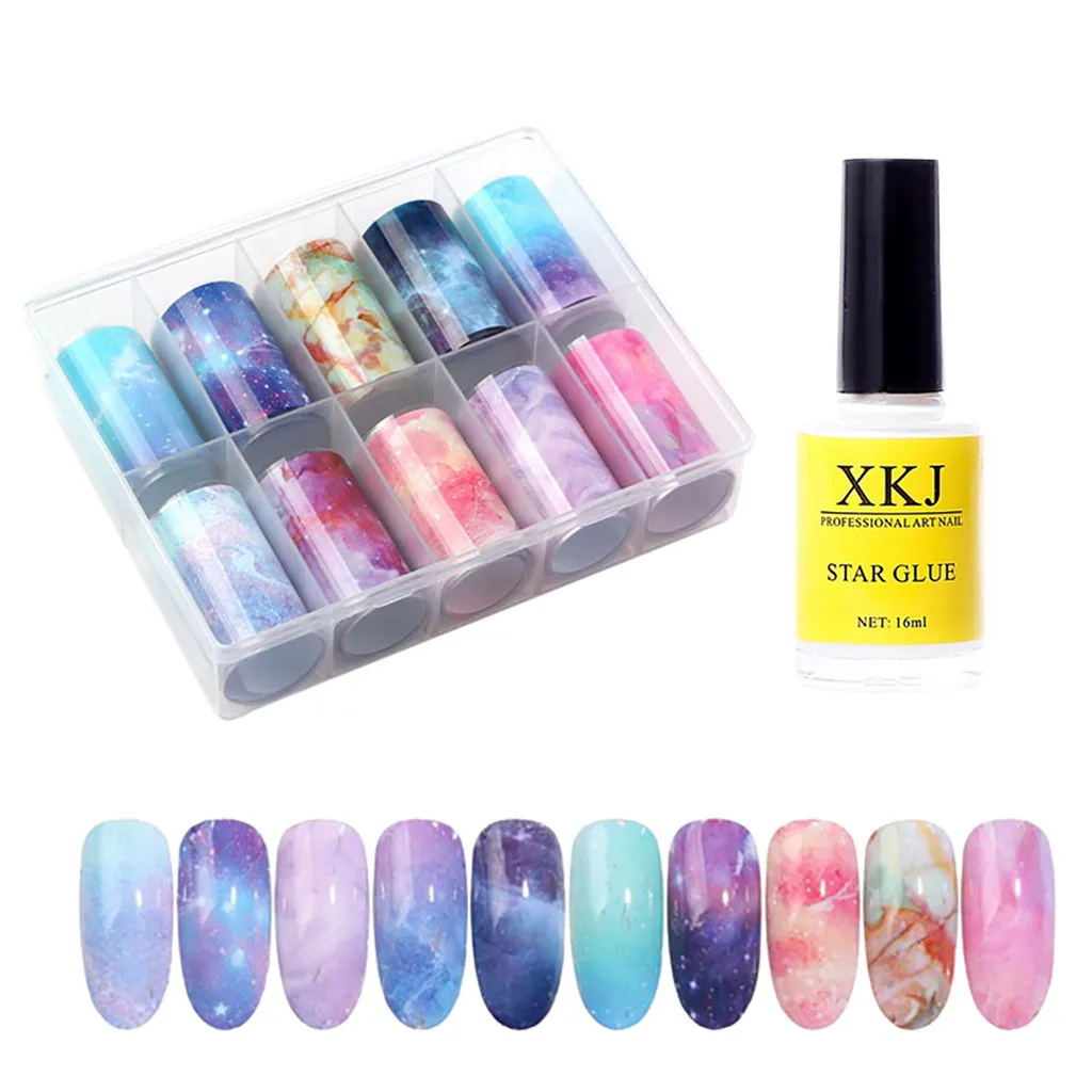 Акварельные Звездные наклейки для ногтей и гель набор переводная фольга 10 цветов