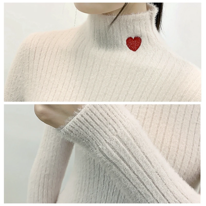 

Autumn winter women sweater women love heart embroidery elastic warm knitted pullover sweater turtleneck high quality jumper