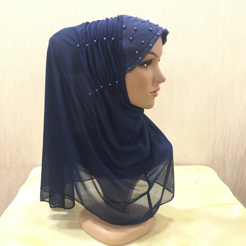 H1333 latest two layers net fabric muslim hijab with beads islamic amira muslim scarf arabic headwrap