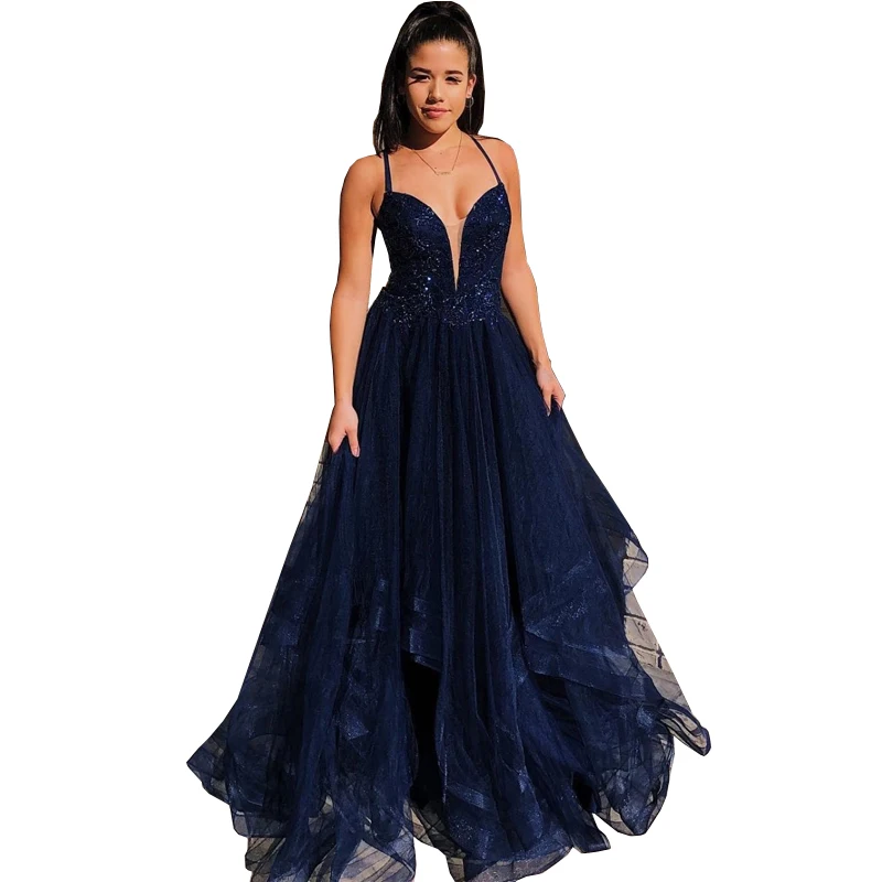 

Темно-синее Многоярусное Тюлевое вечернее платье, блестящее привлекательное длинное официальное платье с аппликацией и V-образным вырезом,...