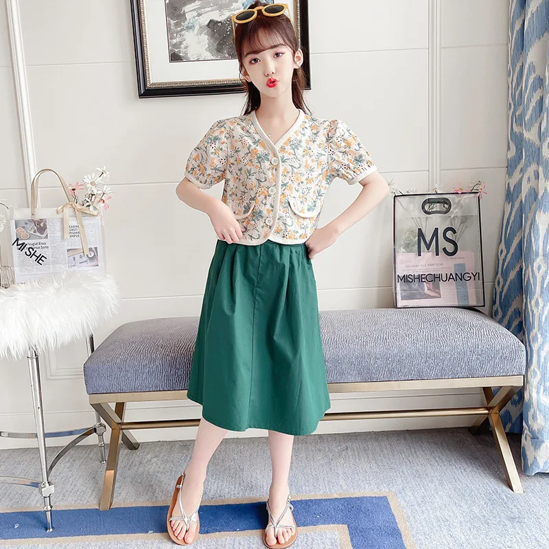 

Girl's Summer Floral Shirt In Big Children's Pure Color Skirt Girl's Western Sweet Princess Skirt New Suit Baby Girl Clothes