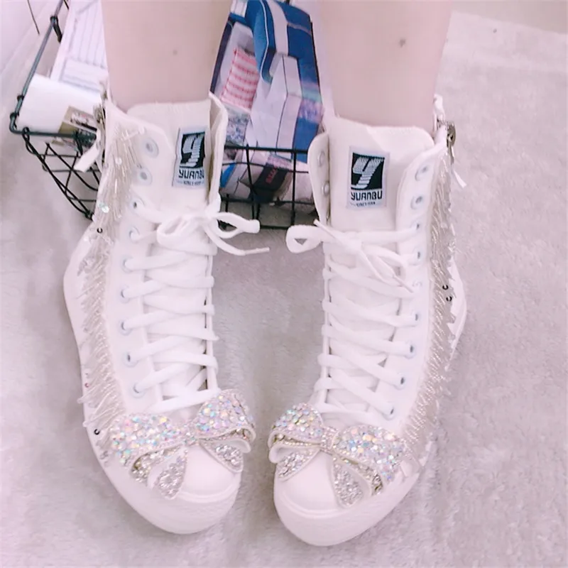 Туфли парусиновые на толстой подошве с кисточками и бантом ручной работы | Обувь