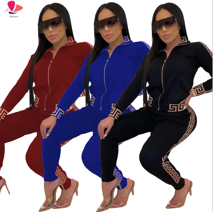 

2022 Tracksuits Women Elegant Two-Pieces Suit Sets Female Stylish Greek Fret Print Coat & Pant Zip Sets Joggers Women