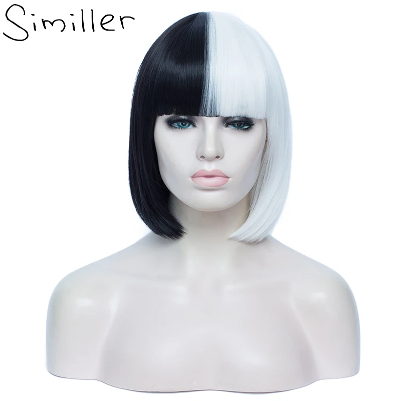 

Similler Straight Hair Short Synthetic Wigs For Women Half Black & White Cosplay Bob Wig With Bangs