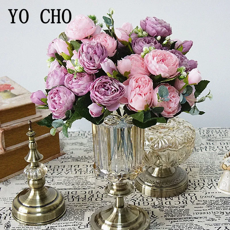 

YO CHO Artificial Roses Flowers Pink Small Silk Artificial Fake Flowers for Wedding Decoration White Rose Bouquet for Home Party
