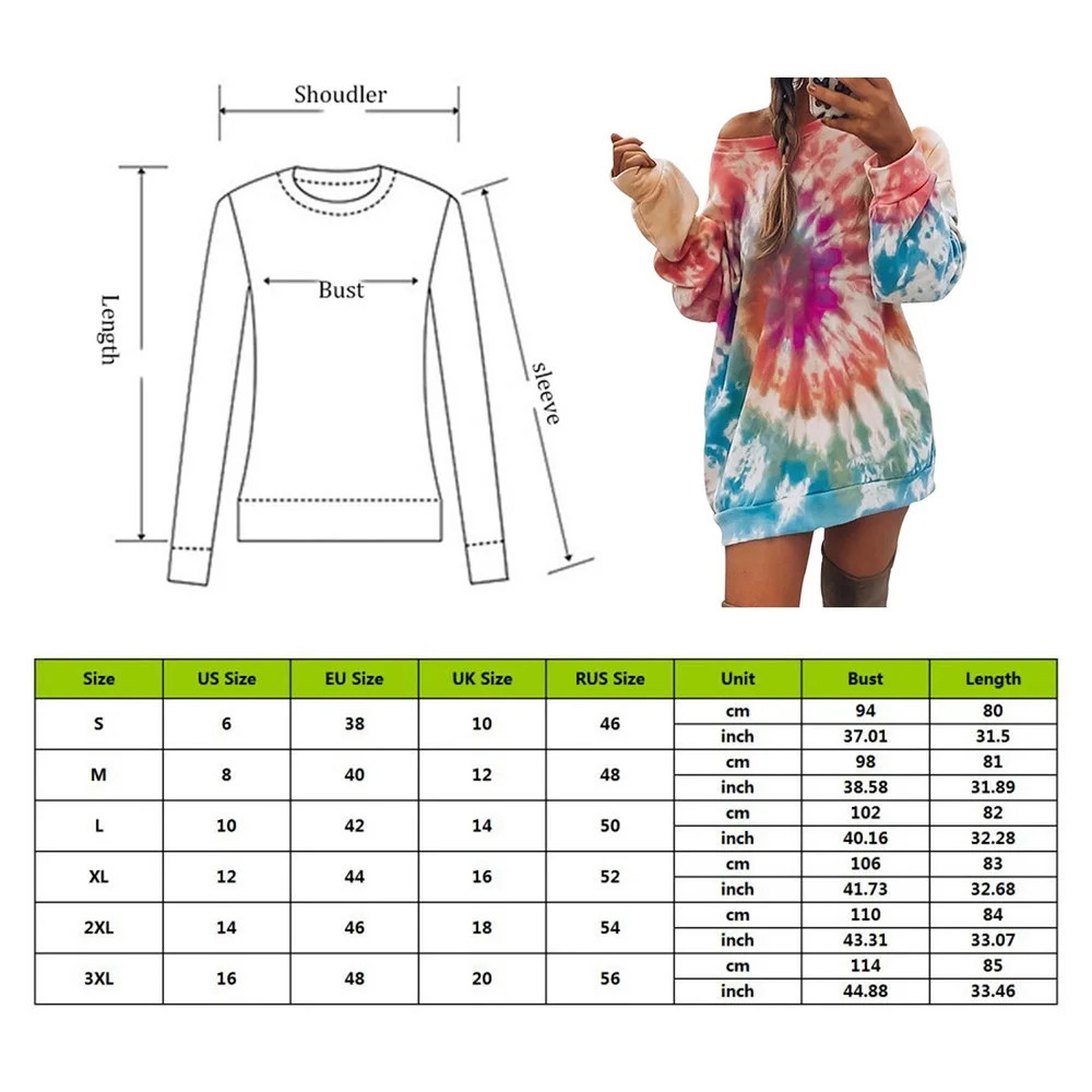 

Dye Print Long Sleeve Sweatshirts Women Long Hoodies Autumn Winter Casual Tie Multicolor Loose Pullover Tops Oversize
