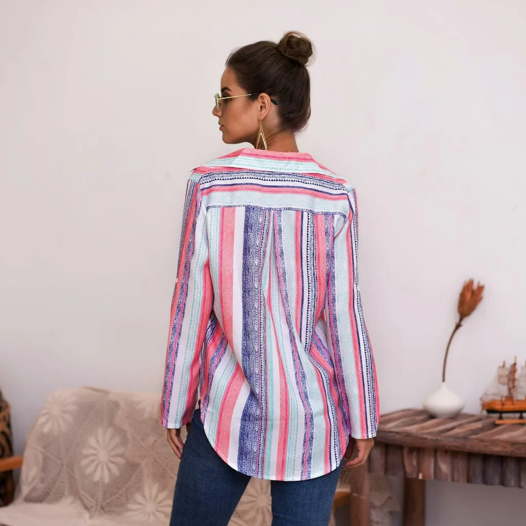 

Autumn and Spring Fashion Color Striped Oversized Shirt Womens Tops Long Sleeve Turn-down Collar Blouse