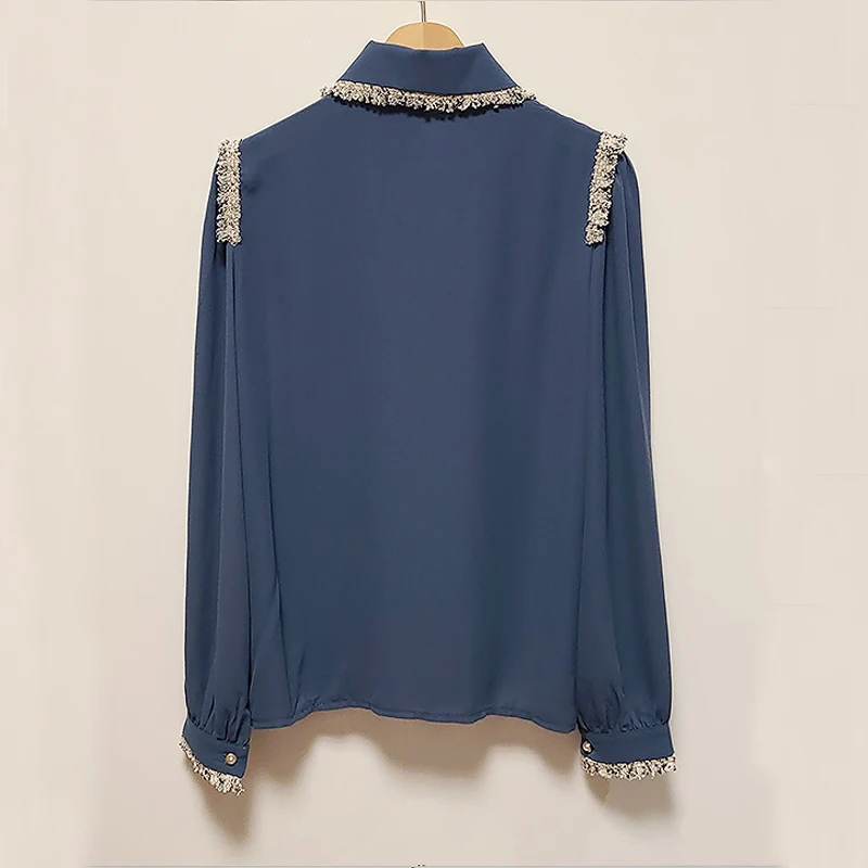 

Women Pearl Button Cardigan Shirts Sweet Tassel Lace Splice Bow Tie Blouse Women Solid Color Long Puff Sleeve Tops Blusas 11608