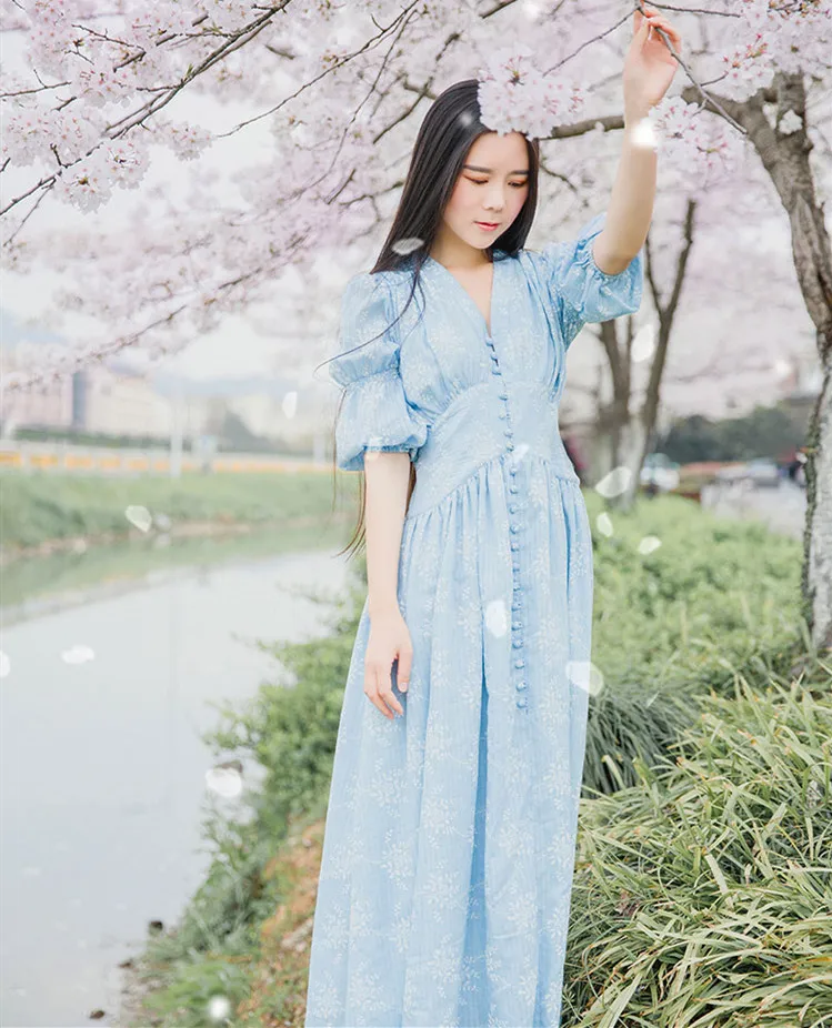 2020 Spring Autumn Women Vintage Floral Blue/Yellow Long Ladies Victorian Retro Court V-Neck Formal Casual Maxi Dress Robe | Женская