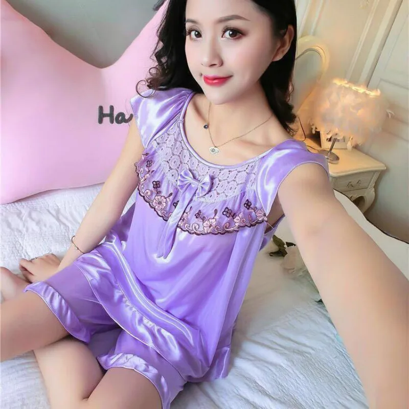 Summer Sexy Short-sleeved Pajamas Women Ice Silk Home Wear Sleepwear Pyjamas Women Sexy Lingerie Sleep Tops Pajamas for Women
