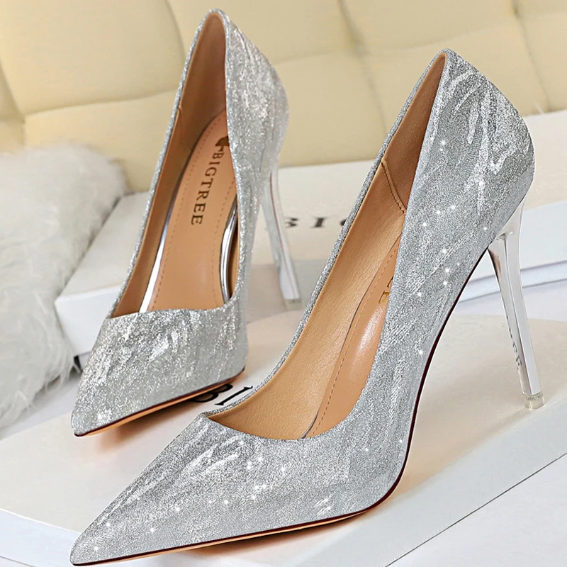 

BIGTREE Shoes Woman Pumps Silver Champagne High Heels Stiletto Wedding Shoes Sequins Women Heels Fashion Ladies Shoes Party Shoe