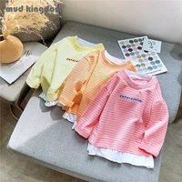 mudkingdom girls t shirts striped patchwork letter long sleeve crew neck casual tops for little girl fashion spring kids clothes