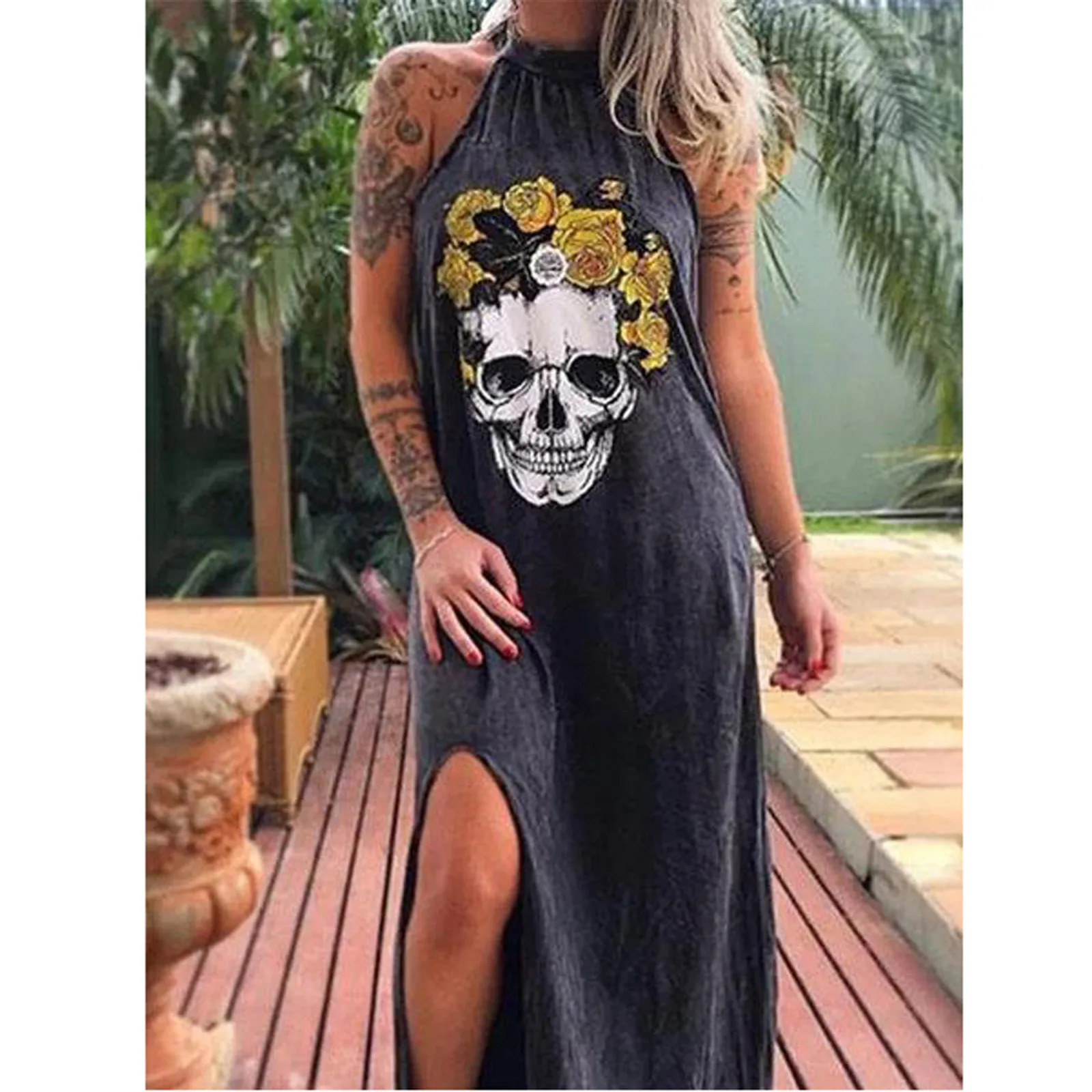 Женское винтажное платье на бретельках Повседневное с круглым вырезом и принтом