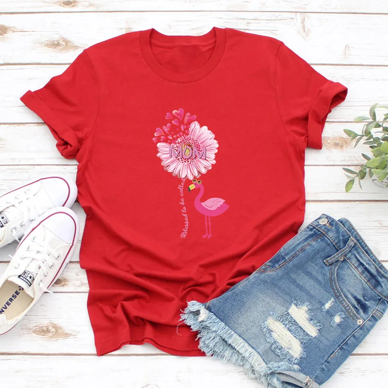 

flamingo Pink Flower Print Women T Shirt Short Sleeve O Neck Loose Women Tshirt Ladies Tee Shirt Tops Clothes Camisetas Mujer