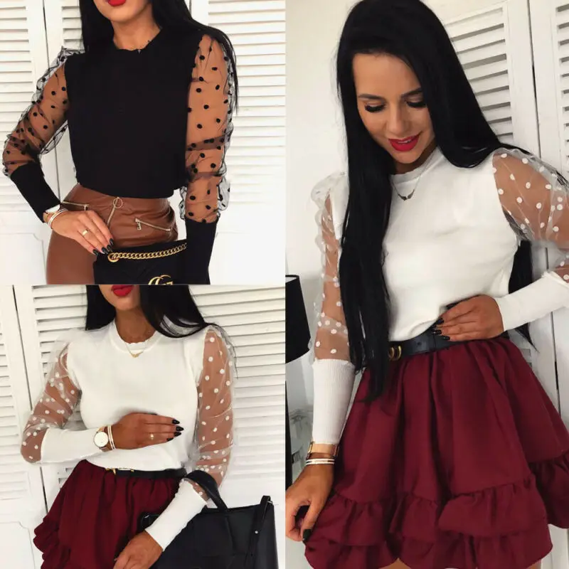 Женская Весенняя сетчатая трикотажная рубашка в рубчик с пышными длинными