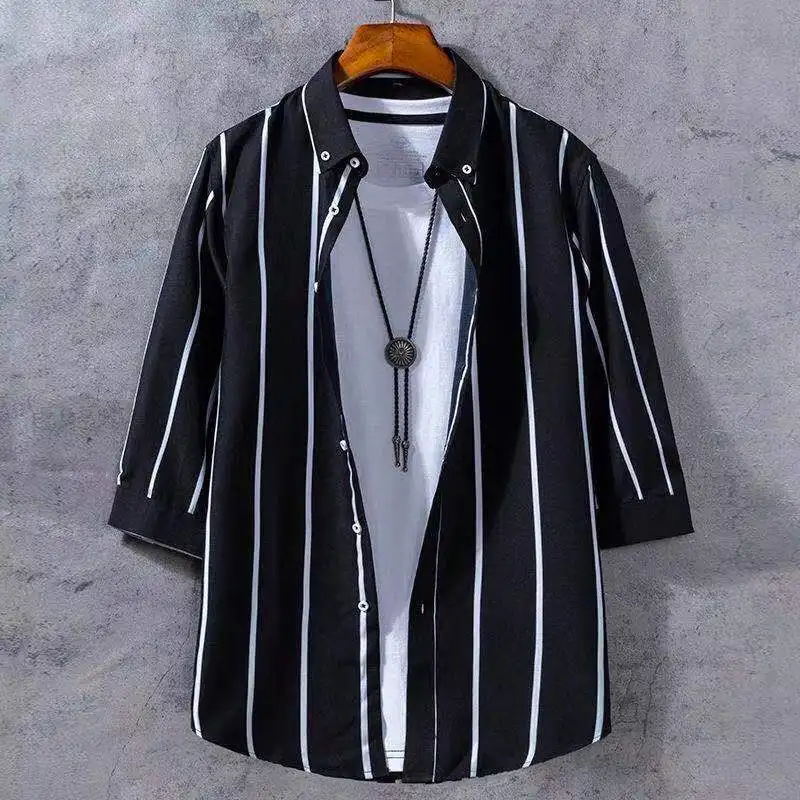 

Men's new short sleeve men hawaiian white plaid striped shirt in 2021 summer camisa hombre social masculina streetwear camisas