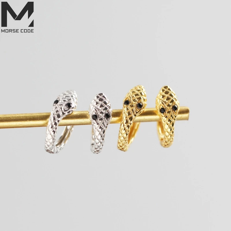 

MC 925 Silver Snake Unusual Hoop Earrings With Black Zircon Fashion Animal Snake Shaped Gold Silver Earrings Silver 925 Jewelry