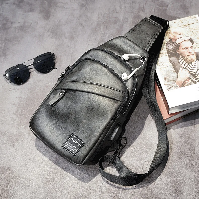 

Top Quality Men's PU Leather Chest Pack Vintage Casual USB Charge Sling Shoulder Crossbody Bag Male Handbag Travel Small Daypack