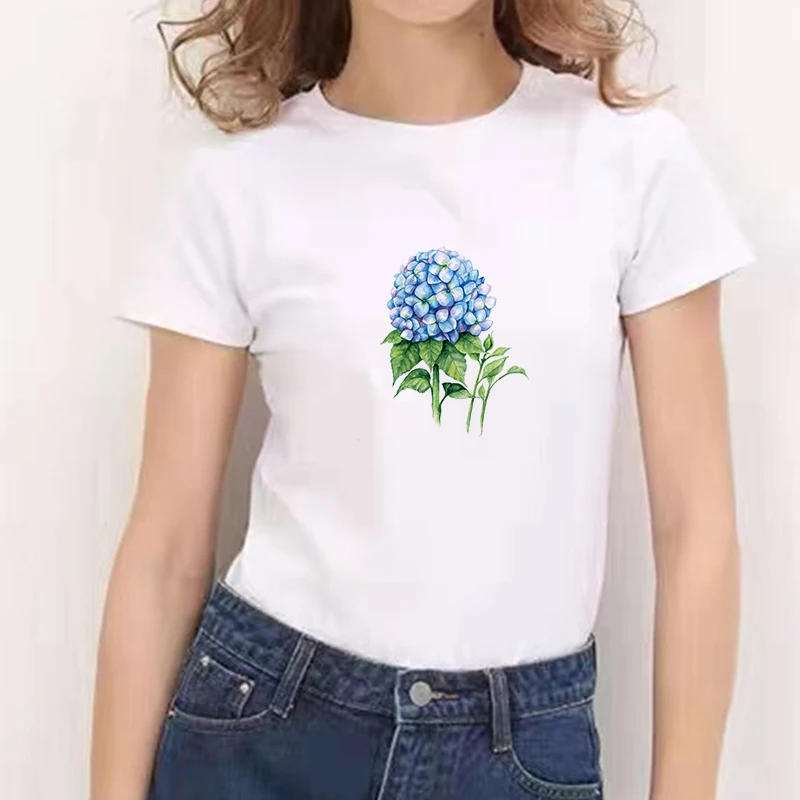 

2022 Flower Printed 90s Short Sleeve Aesthetic Women Loose Summer T-Shirt O Neck Harajuku Tops for Teens Casual white T-shirt