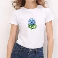 2022 flower printed 90s short sleeve aesthetic women loose summer t shirt o neck harajuku tops for teens casual white t shirt