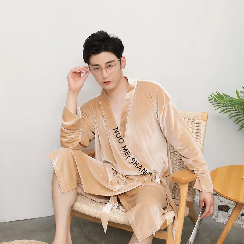 

Gown New Male Kimono Bathrobe Nightwear Man Thick warm Gold Velvet Nightgown L-XXXL Grey Long Sleeve Chinese Men Rayon Robes