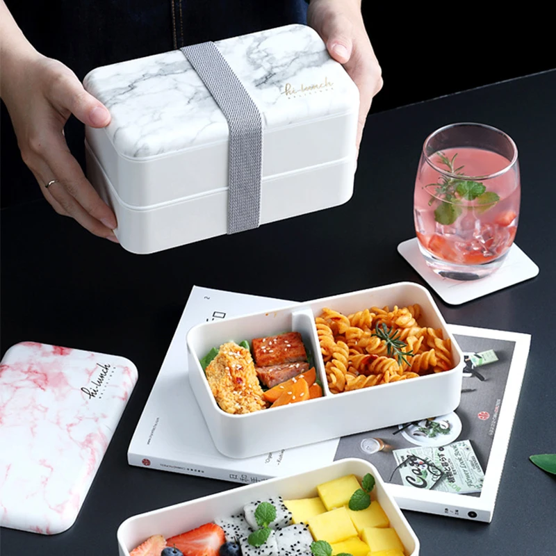 Ланчбокс 2 слоя с мраморным узором портативный ланчбокс для еды в японском стиле