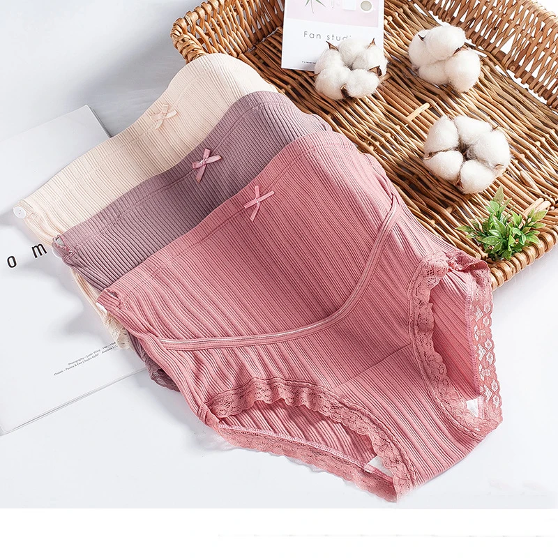 Bragas de encaje de algod&oacute;n para mujeres embarazadas, ropa interior de cintura alta, &iacute;ntima de maternidad, 3 unids/set/Set-1