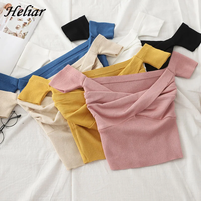 

Heliar Off shoulder Sweater Women Sexy Solid Pleated Crop Tops Small Size Highstreet 2020 Summer Tops Sweaters For Women