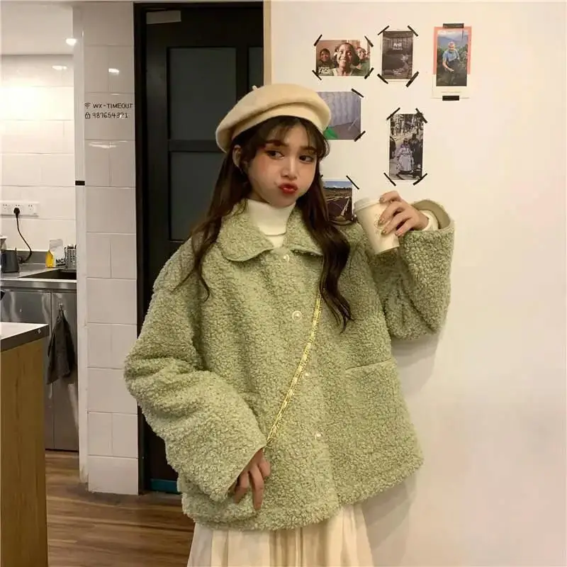

jackets woman winter plus velvet thickening lamb wool coats new Korean fashion student Single-breasted loose women clothes