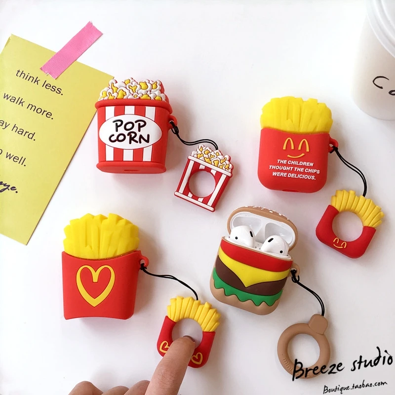 

HOT Cute Food Burger Hamburger Popcorn Silicone Wireless Earphone Charging case for Apple AirPods 1 2 Bluetooth Headset