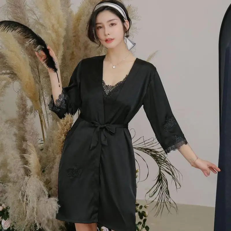 

Summer New Nighty&Robe Set Women Satin 2PCS Sleepwear Sexy Lace Kimono Gown Female Casual Sleep Set Home Dressing Gown