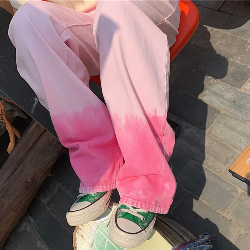 

Women Gradient Jeans Wide Leg Pants Summer 2021 Casual High Waist Loose Tie Dye Denim Water Wash Lady Streetwear Long Pant