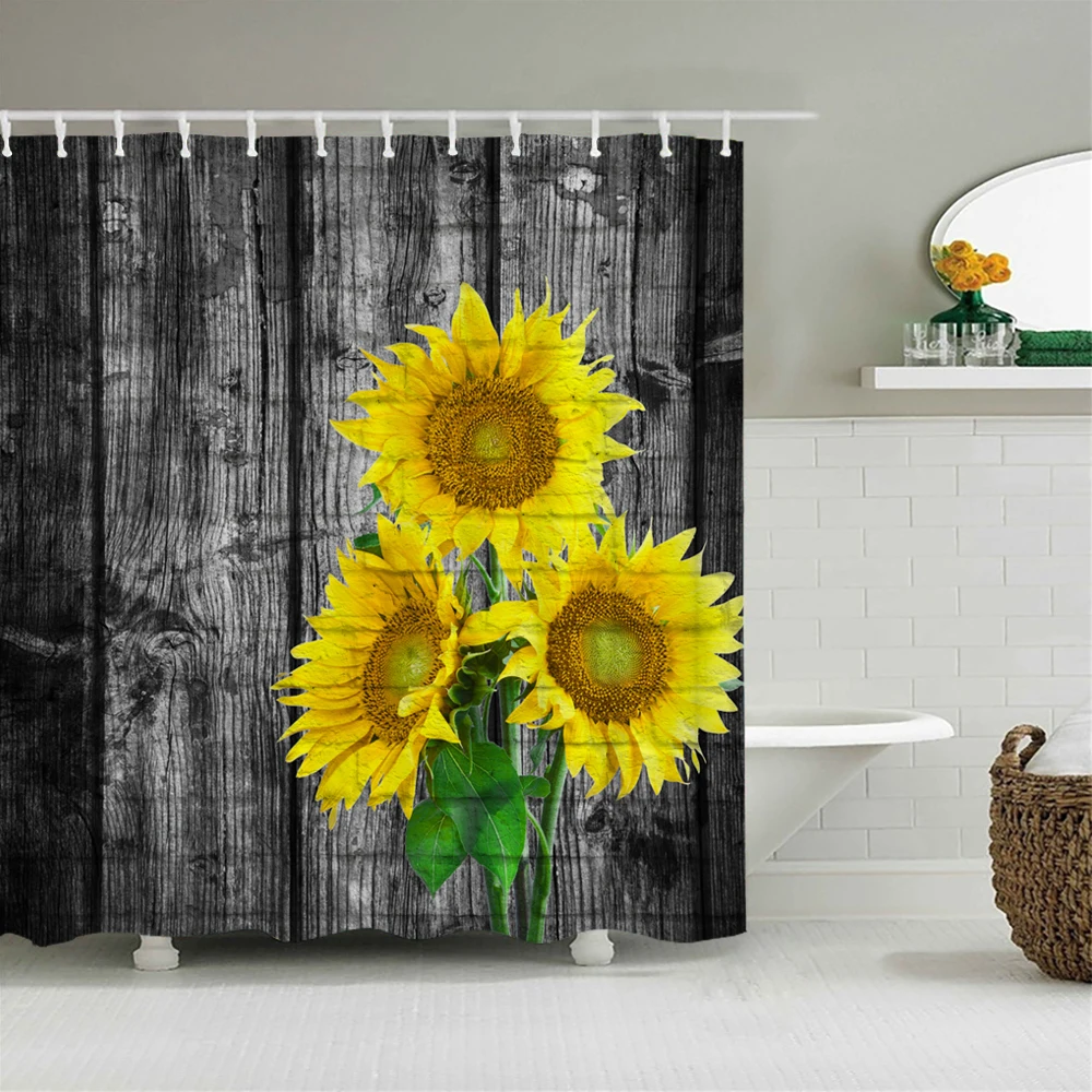 

Sunflower Retro Flowers Waterproof Shower Curtain Bathroom Polyester Old Wood Printing Curtains for Bathroom Shower Bath Screen