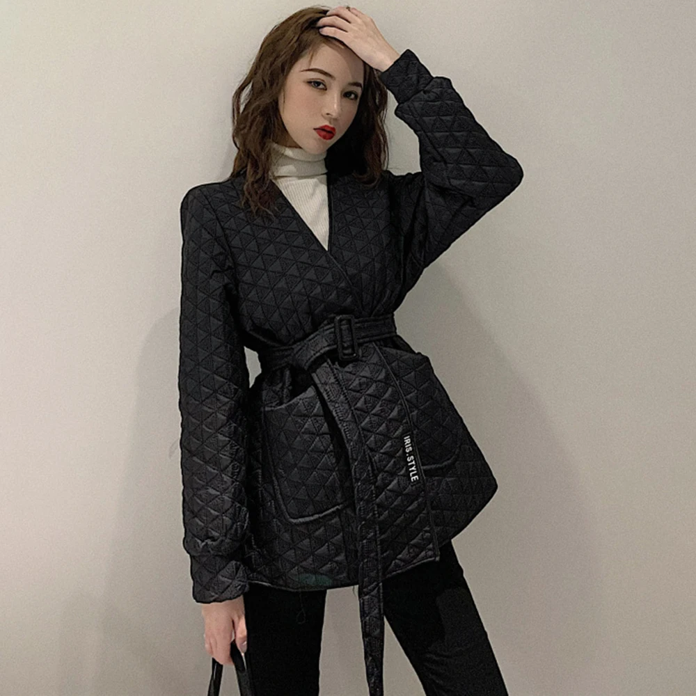 

Goth Quilted Down Jacket Slim Women Cotton Padded Female Autumn Winter Belt Solid Color Parkas Coat Warm Outwear Fashion