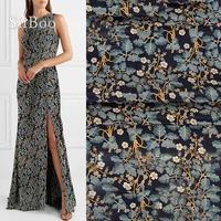 pastoral blue white leaves floral print silk spandex fabric apparel for dress natural silk tissu fabrc 19mm sp5704