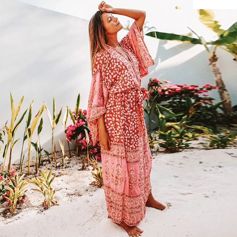 Женское платье в стиле бохо с V образным вырезом и цветочным принтом|Женские
