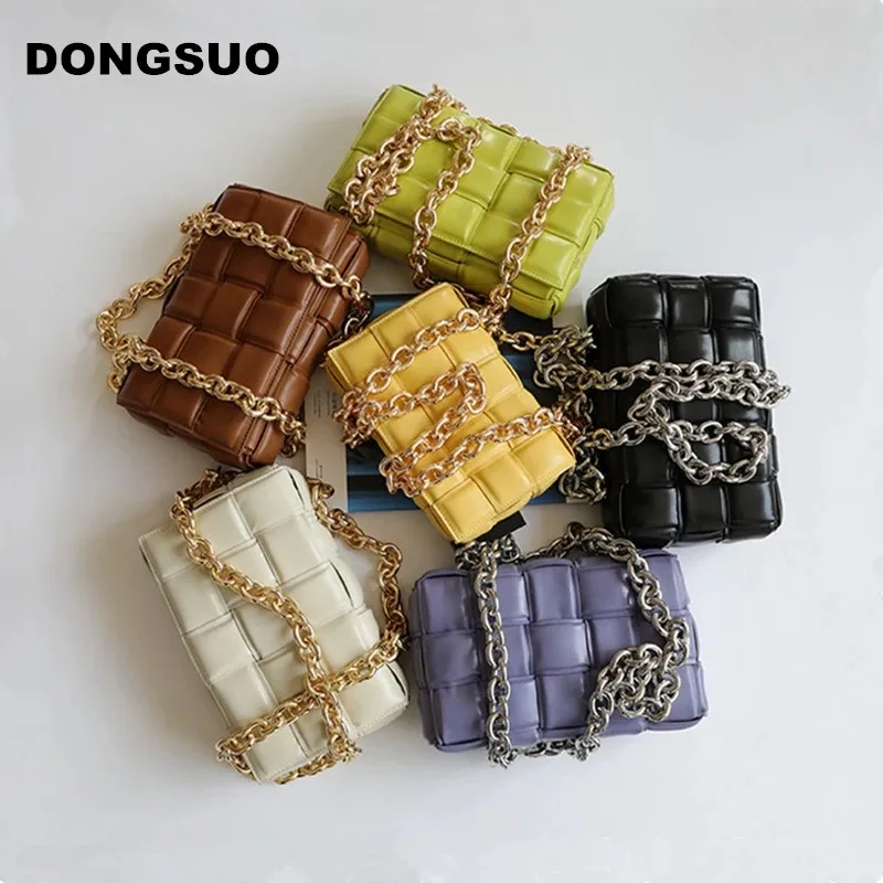 

Designer Woven Crossbody Bag Women pu leather purse Soft Square flap Shoulder bag Female chain totes handbag