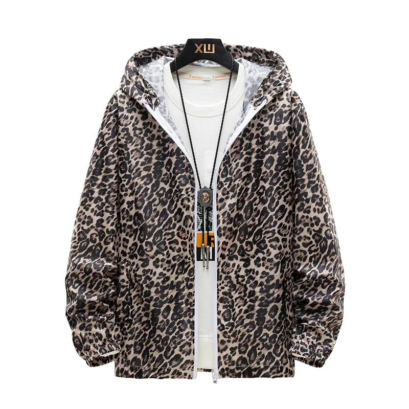 

Summer Men's Leopard Sun Protection Clothing Hooded Ultra-Thin Jacket Vogue Windbreaker Skin Sunscreen Coat Male Plus Size 7XL
