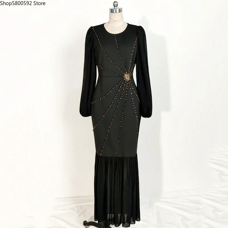 2022 Black Kaftan Abaya Dubai Gulf Abayas Women Islam Clothing Muslim Maxi Dress Long Sleeve Pakistani African Mesh Dresses