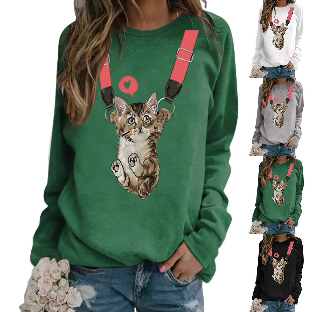 

Свитшот с принтом милого кота, повседневные свитшоты с длинным рукавом, модные женские топы, Зимний пуловер, популярный стильный пуловер на ...