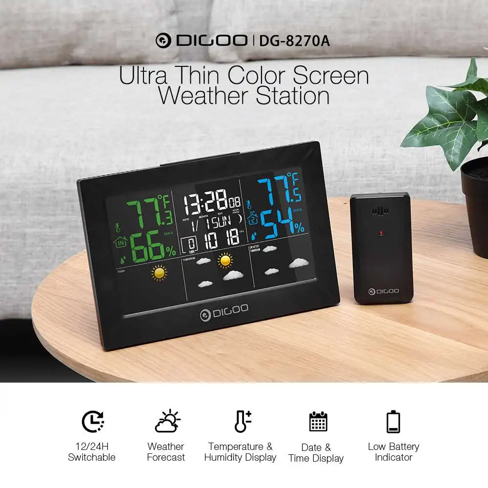 DIGOO DG-8270A, для помещений и улицы, Метеостанция+ 100 м, датчик погоды, термометр, гигрометр, метр, календарь, 3 канала, подсветка