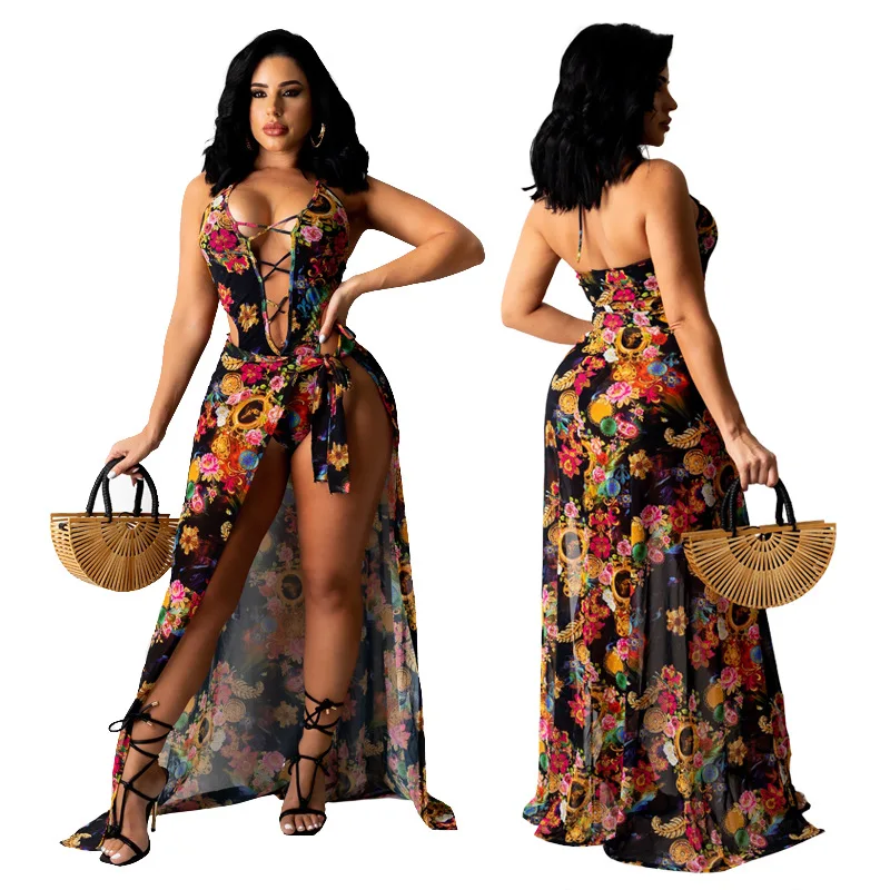 

SKMY Sexy Sleeveless Lace-Up Hollow Out Bodysuits Fashionable Casual Two Piece Maxi Skirt Set Women Summer Beach Clubwear