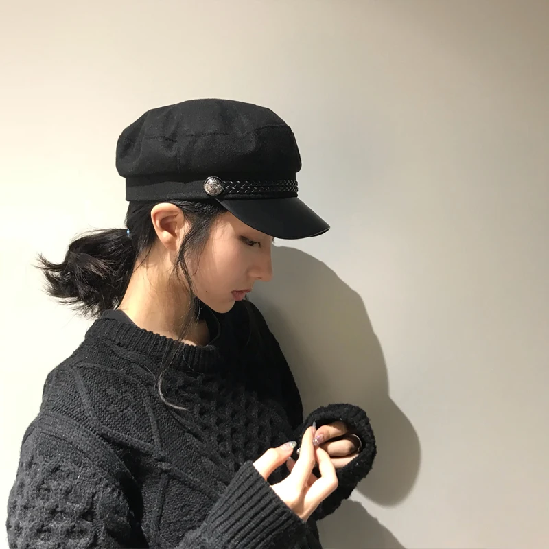 Модная черная шапка Ulzzang зимняя женская на пуговицах Повседневная Уличная одежда