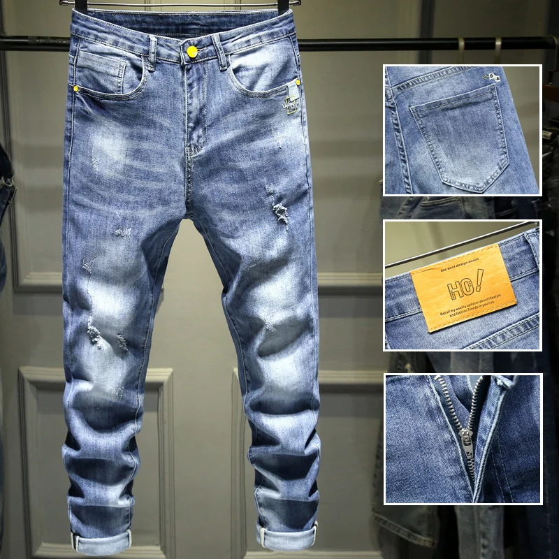 

Spring/Summer/Autumn Pretty Boy Blue Elastic Legging Men's Jeans Cotton Denim Trousers Casual Jogger Slim Pencil Pants Oversized