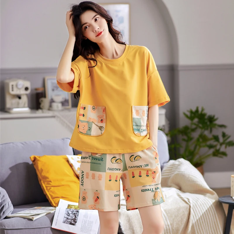 

Летние корейские женские пижамные комплекты, модная желтая забавная мультяшная Милая Пижама с коротким рукавом для девочек, свободная хлоп...
