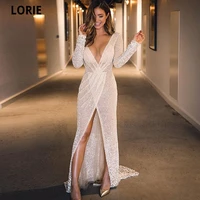 lorie sparkly sequin celebrity dresses straight deep v neck slit sexy long prom dresses formal shiny evening gowns plus size